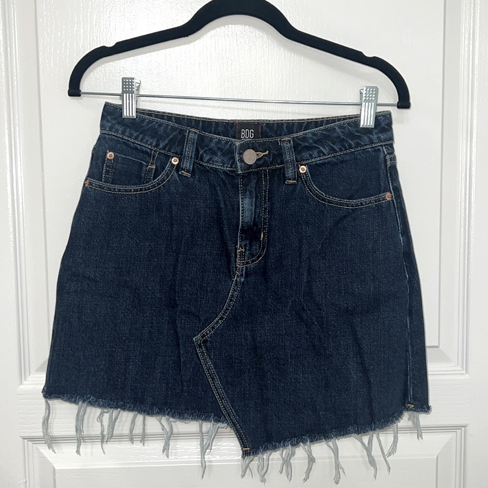 BDG Urban Outfitters Asymmetrical Denim Mini Skirt Frayed Hem - Dark Blue, S